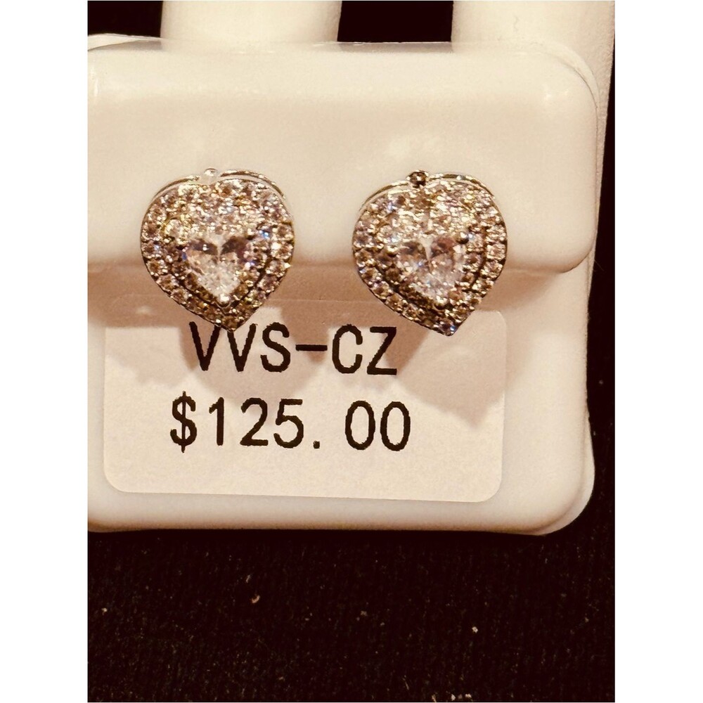 NWT AJ USA Stainless Steel VVS CZ Clear Heart Halo Stud Earrings